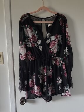 Floral Black Lace-Trim Romper